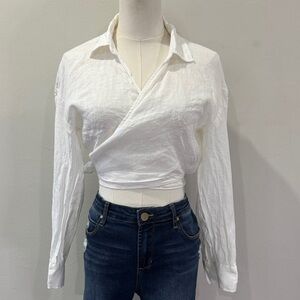 Zara Linen Wrap Shirt – Size Small – White Collared Blouse